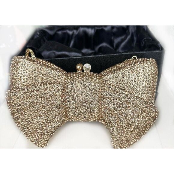 WHITE CHOCOLATE Gold Embellished Crystal Studded Bow Shaped Clutch Purse Luxury